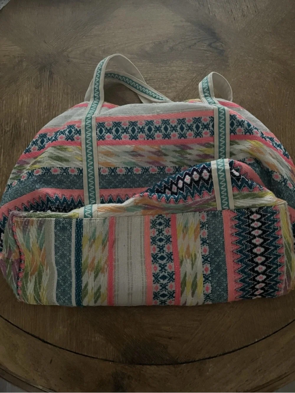 America & Beyond Vibrant Multicolor Embroidered Hobo Bag with Pom-Pom Trim beach